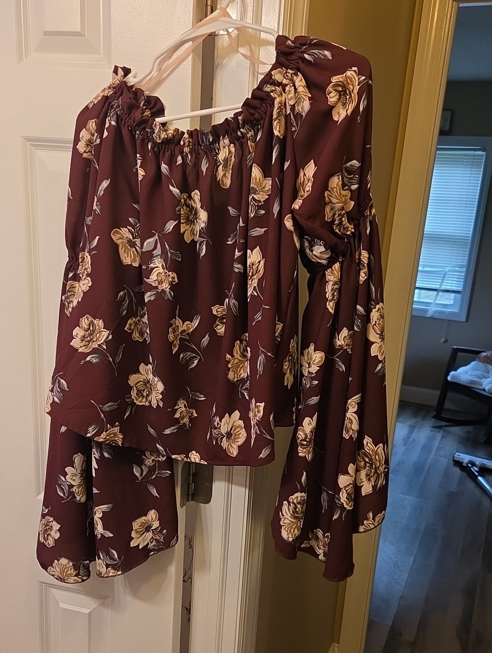 $5/$25-Truth Burgundy Floral Off-Shoulder Top with Cream Blossoms